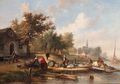 View of a town along a river with townsfolk on a jetty - Laurent Herman Redig