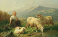 A young shepherdess and her flock in a mountainous landscape - Laurent De Beul