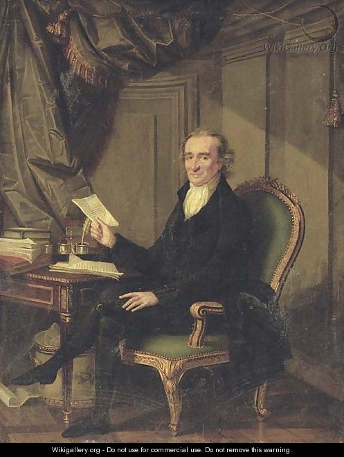 Portrait of Thomas Paine (1737-1809), small full-length, in a dark coat and breeches, seated at a writing table, in an interior - Laurent Dabos