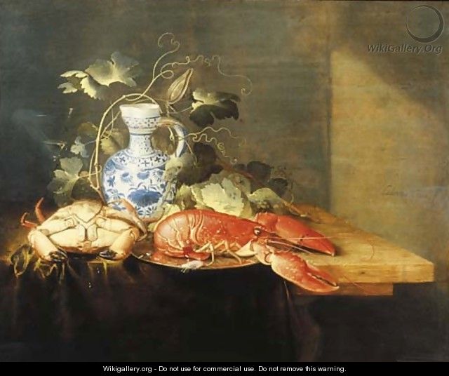 A lobster on a pewter plate, a crayfish, a vine decorating a Delft earthenware jug and a facon-de-Venise wine glass on a draped table - Laurens Craen