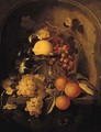 A lemon, grapes and plums on a tazza, with oranges, grapes and a hazelnut with a snail and a butterfly at a feigned sculpted stone niche - Laurens Craen