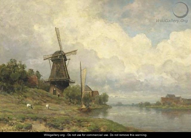 Windmill by a river - Julius Jacobus Van De Sande Bakhuyzen