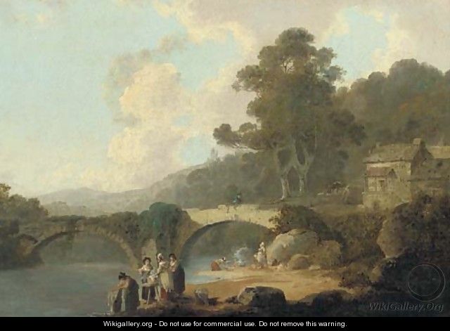 Rosewell Castle, North Wales, with washerwomen in the foreground and a bridge beyond - Julius Caesar Ibbetson