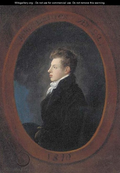 Portrait of John Baines aged 22, half-length, in profile, in a black coat, feigned oval - Julius Caesar Ibbetson