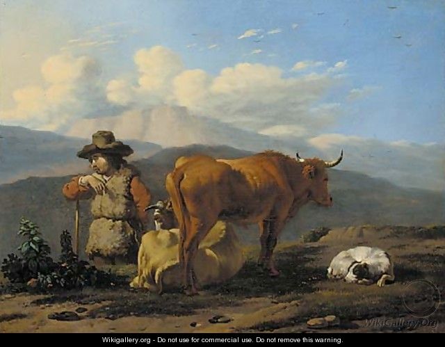 An Italianate landscape with a herdsman with cattle and a dog - Karel Dujardin