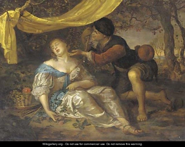 A shepherd kneeling over a lady sleeping under a canopy in a wooded landscape - Karel De Moor