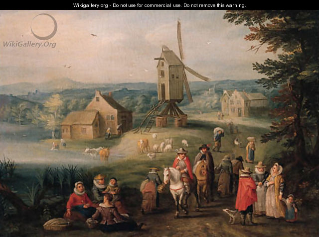 Travellers and peasants on a country road, a windmill beyond - Karel Beschey