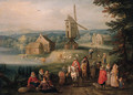 Travellers and peasants on a country road, a windmill beyond - Karel Beschey