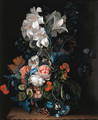 Lilies, roses, carnations and other flowers in a glass vase on a stone ledge with a butterfly - Justus van Huysum
