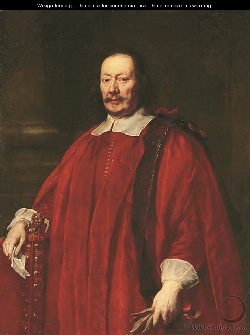 Portrait of a gentlemen, three-quarter-length, in crimson robes of office, resting his right hand on a chair with a letter - Justus Sustermans