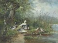 Ducks on a riverbank - Julius Scheuerer
