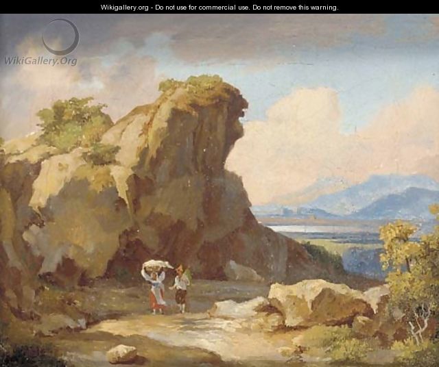 Travellers in an Italian landscape - Károly, the Elder Markó