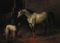 A grey hunter with a dog in a stable - Karl Frederik Bombled
