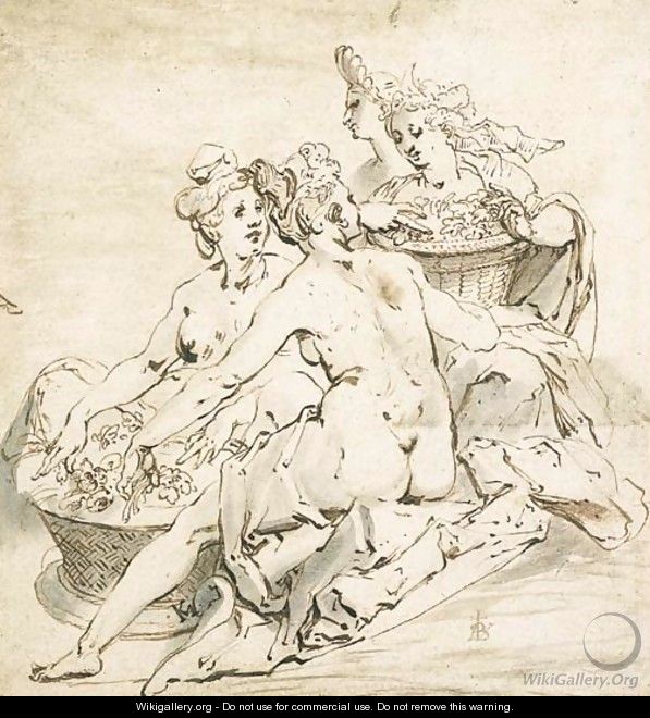A group of four nude women holding two baskets of flowers - Karel Van Mander