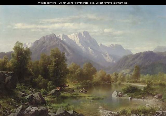 Mountain Landscape with Cattle Watering by a Lake - Karl Millner