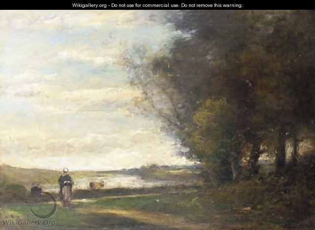 A woman on a track in a river landscape - Julien Dupre