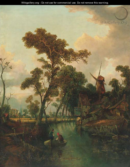 Figures in a boat before a windmill, Norwich beyond - Joseph Paul Pettit