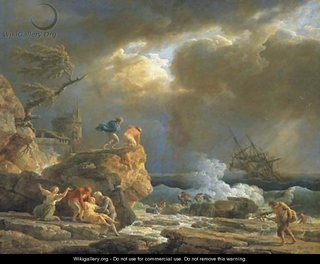 A Mediterranean rocky coastal landscape with survivors from a shipwreck, by a fortified tower - Claude-joseph Vernet