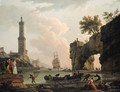 A Mediterranean harbour at sunset, with the artist, his daughter Emilie Chalgrin, his son Carle Vernet, his daughter-in-law, Fanny Moreau - Claude-joseph Vernet