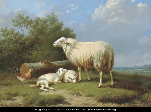 Sheep with her lambs - Joseph Van Dieghem