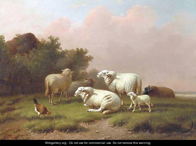 Sheep in a meadow at sunset - Joseph Van Dieghem