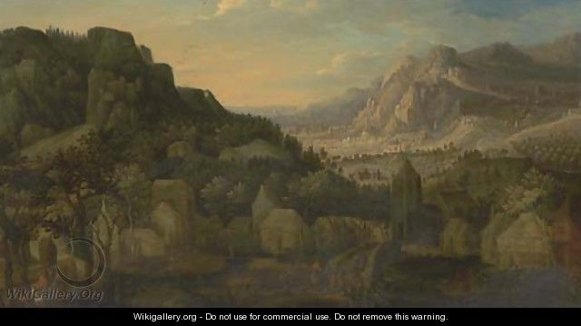 An extensive mountain landscape with travellers on a bridge in a village - Joseph van Bredael
