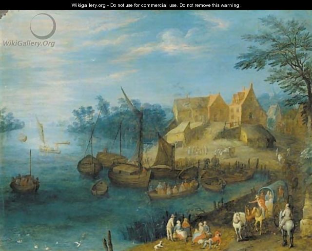 A river landscape with travellers and other figures on a path and boats moored before a village - Joseph van Bredael