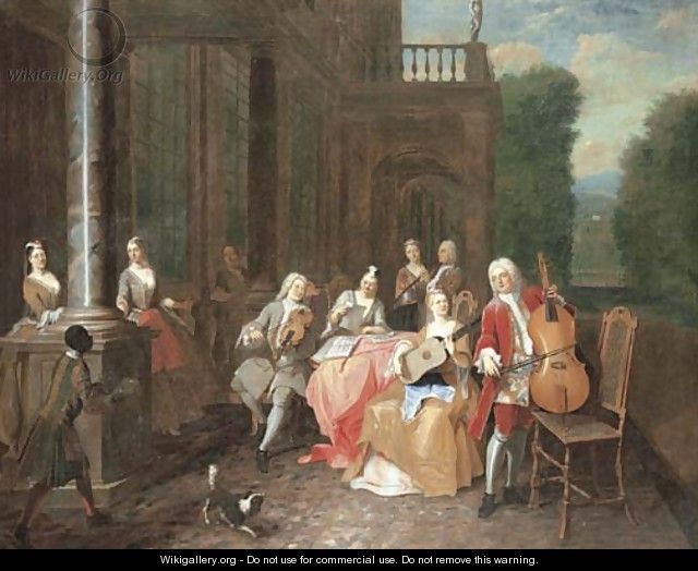 A musical party on a terrace - Joseph van Aken
