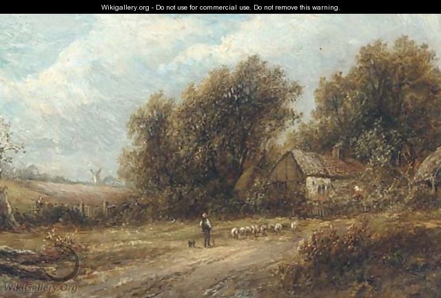 Shepherd and his flock on a track; and Figures at work by a cottage - Joseph Thors