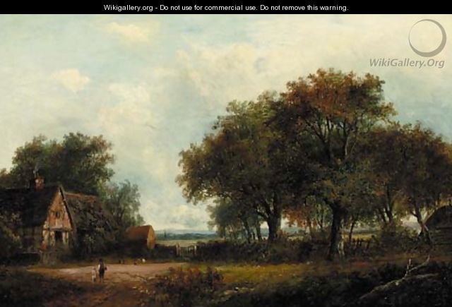 Figures by a cottage in a wooded landscape - Joseph Thors