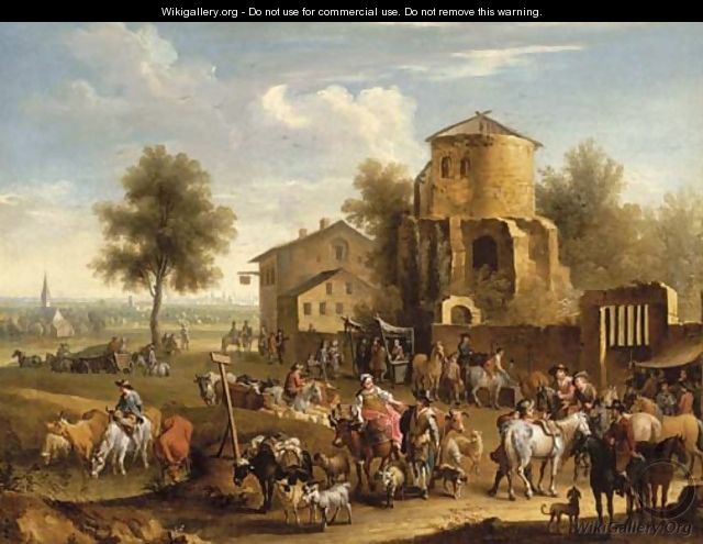 A market scene with a city in the distance - Joseph Stephan