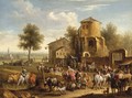 A market scene with a city in the distance - Joseph Stephan