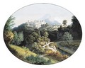 An extensive montainous landscape with a town on the top of a hill - Joseph Augustus Knip