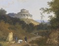 An extensive landscape with peasants and a priest by a fountain, a circular basilica on a hill beyond - Joseph Augustus Knip