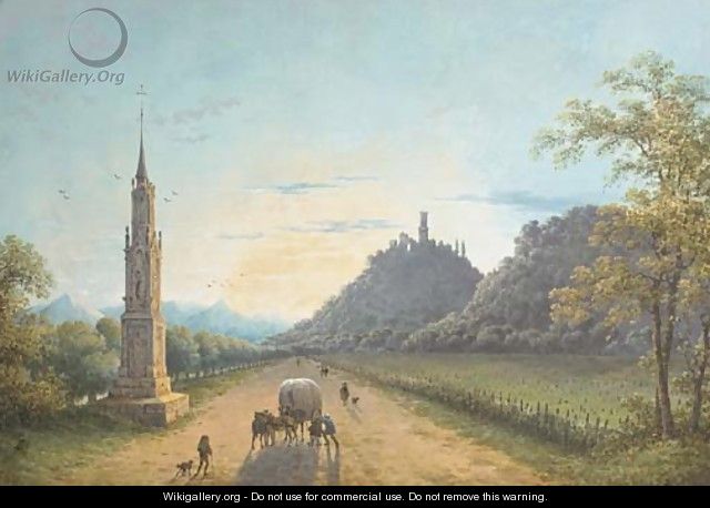 A view of the road from Bonn to Bad Godesberg in Germany at sunset, with a gothic monument on the left and the ruins of Godesberg castle - Joseph Augustus Knip