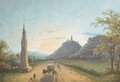 A view of the road from Bonn to Bad Godesberg in Germany at sunset, with a gothic monument on the left and the ruins of Godesberg castle - Joseph Augustus Knip