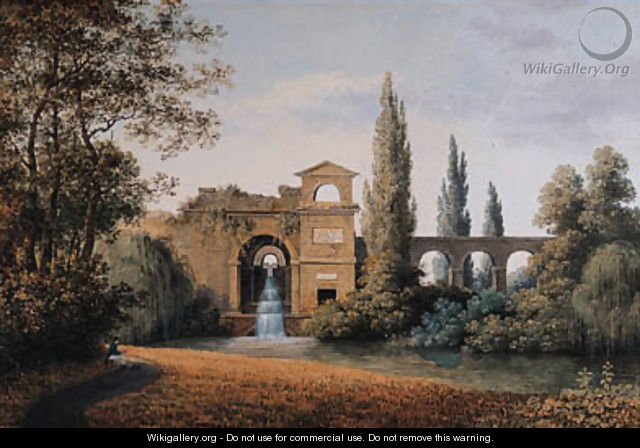A View of an Aqueduct with an artificial Waterfall, a seated draughtsman in the foreground - Joseph Augustus Knip