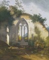 A ruined chapel with a pig sty, poultry and a peacock sheltering in the apse - Joseph Augustus Knip