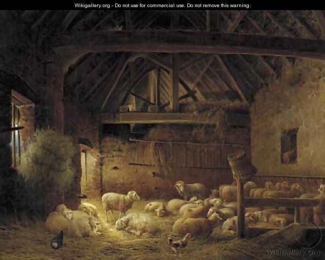 A flock of sheep in a stable - Joseph Augustus Knip