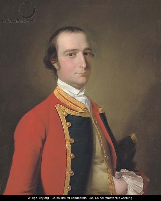 Portrait of a gentleman, traditionally identified as Alexander Baillie of the First Foot, half-length, in military uniform, a hat under his left arm - Josepf Wright Of Derby