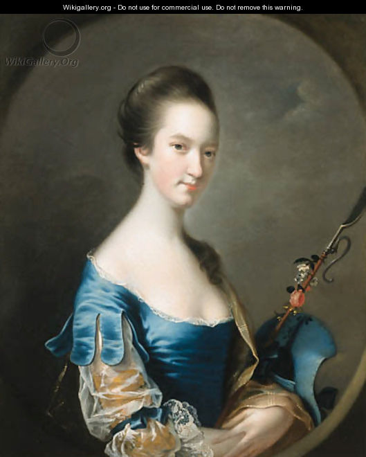 Portrait of a Lady, half-length, in a blue and yellow dress, holding a shepherd