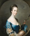 Portrait of a Lady, half-length, in a blue and yellow dress, holding a shepherd's crook decorated with flowers, in a painted oval - Josepf Wright Of Derby