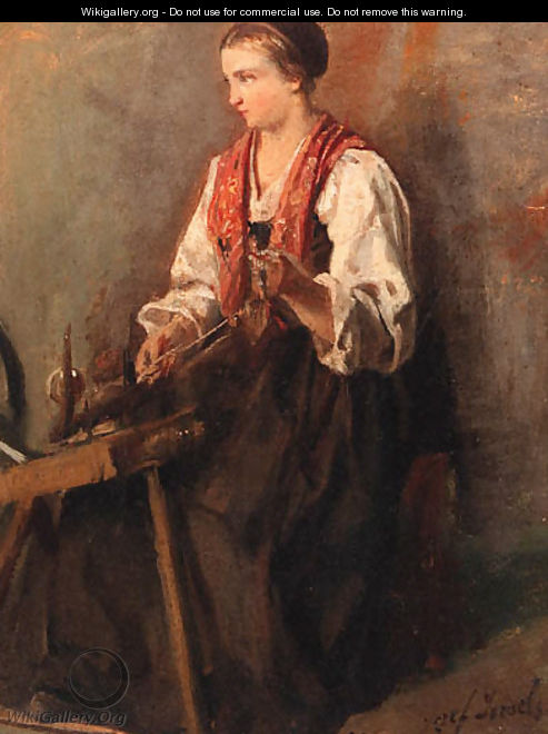 A peasant girl at a spinning wheel - a study - Jozef Israels