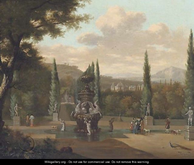 Elegant figures walking in the garden of a palace - Josua de Grave