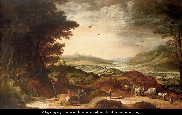 Peasants in wagons and pilgrim hermits in an extensive river landscape - Joos or Josse de, The Younger Momper
