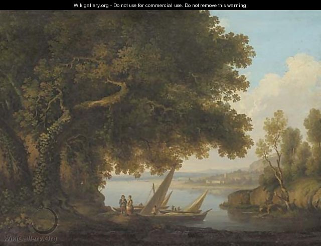 An Italianate lake landscape with figures and boats - Joshua Shaw
