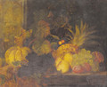 A pumpkin, a pineapple, grapes, plums, peaches, cherries and a pomegranate on a table - Joshua Junior Cook