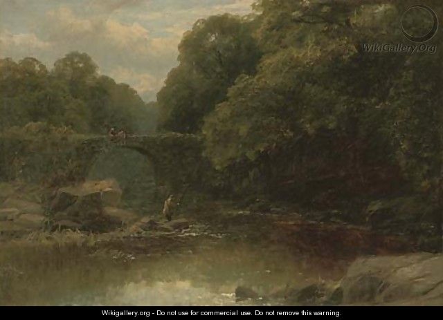 An angler in a rocky river with a bridge beyond - James Burrell Smith