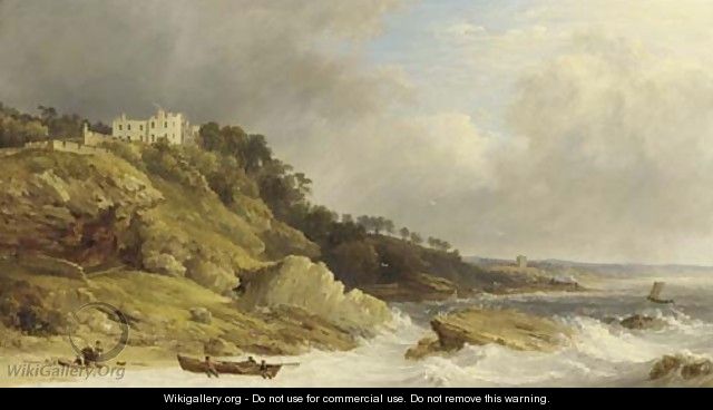 Fishermen landing a boat before a clifftop country house - James Baker Pyne