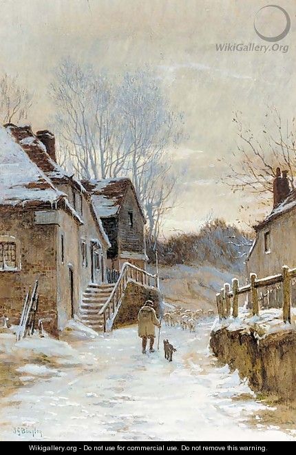 A shepherd and sheep on a country lane in a winter landscape - James George Bingley